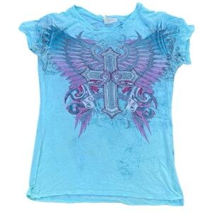 Y2K Blue and Purple Graphic Tee embroidery